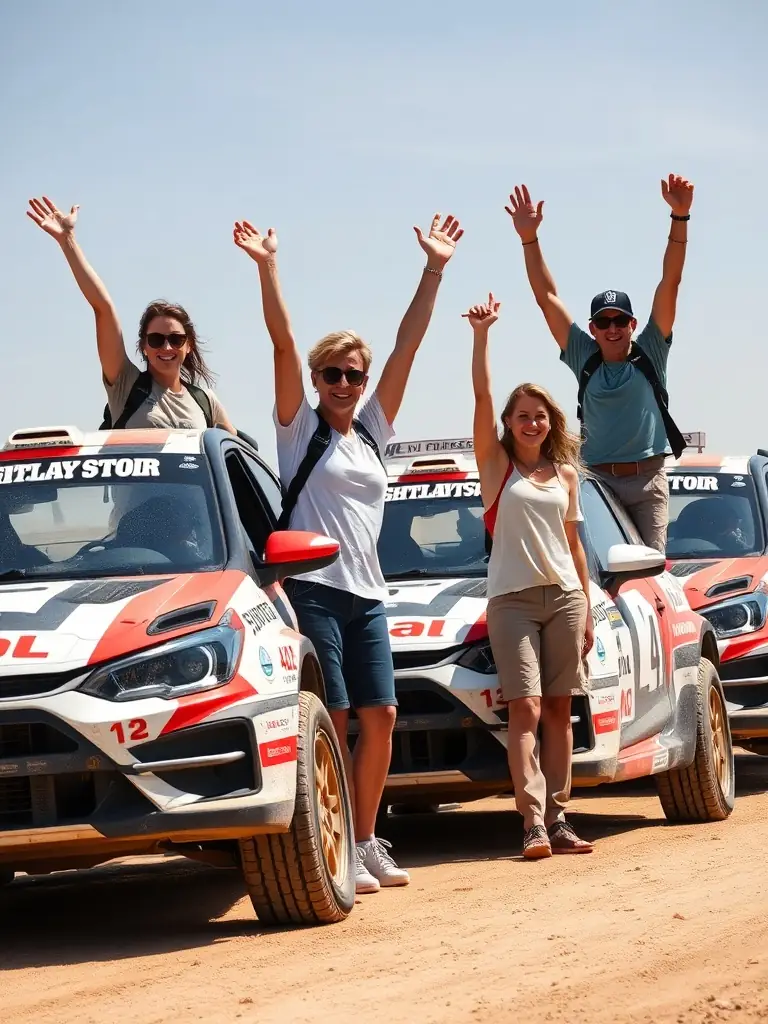 A group of 4L EXPRESS members celebrating their successful completion of a stage in the 4L Trophy rally, with their 4L cars parked in the background.