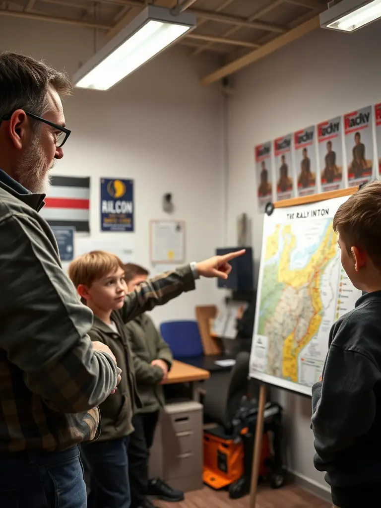 A dynamic shot of 4L EXPRESS members receiving logistical support and guidance from experienced mentors during a rally preparation workshop, showcasing the organization's commitment to participant readiness.