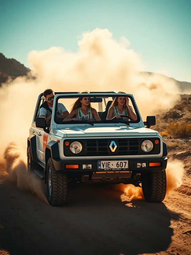 An action-packed image of 4L EXPRESS members navigating a challenging off-road course during the 4L Trophy rally, showcasing the excitement and adventure of motorsport events.