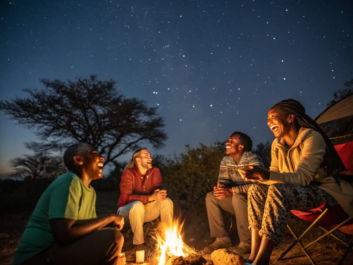 A diverse group of 4L EXPRESS members are gathered around a campfire, sharing stories and laughter, illustrating the strong sense of community.