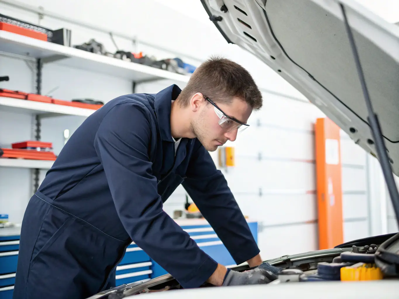 A group of young adults participating in a 4L EXPRESS training session, focusing on vehicle maintenance and repair, set in a well-equipped garage with tools and equipment visible.