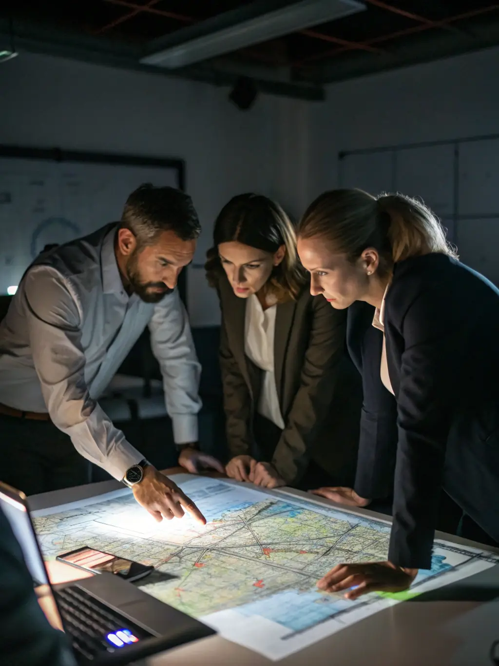 A team of 4L EXPRESS members gathered around a map, planning their route and discussing logistical strategies for the 4L Trophy rally.