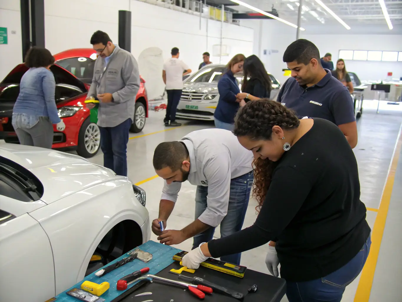 A photograph of 4L EXPRESS members working together to prepare a 4L vehicle for the rally, showcasing teamwork and logistical planning.