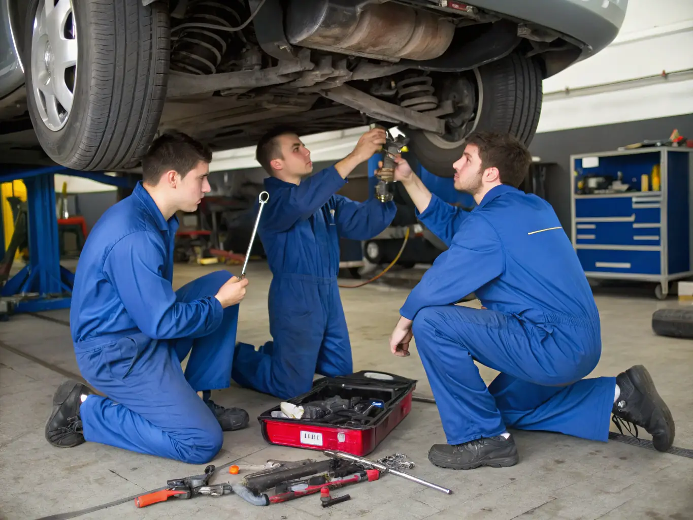 A group of young adults are enthusiastically working together on a 4L car engine in a brightly lit garage, showcasing teamwork and skill development.