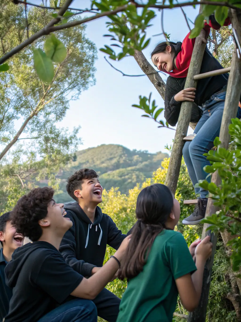 Participants engaging in a team-building exercise outdoors, such as an obstacle course or problem-solving activity, emphasizing collaboration and communication. The setting is a natural environment with a focus on teamwork.