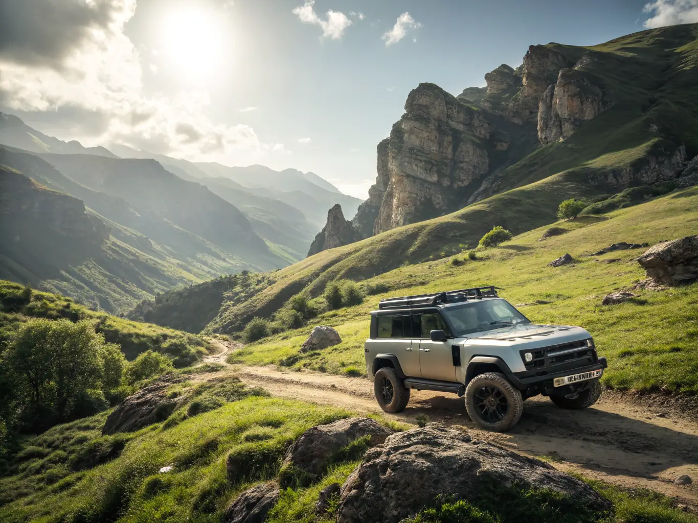 A 4L car is speeding through a challenging off-road terrain during the 4L Trophy rally, symbolizing adventure and unforgettable experiences.