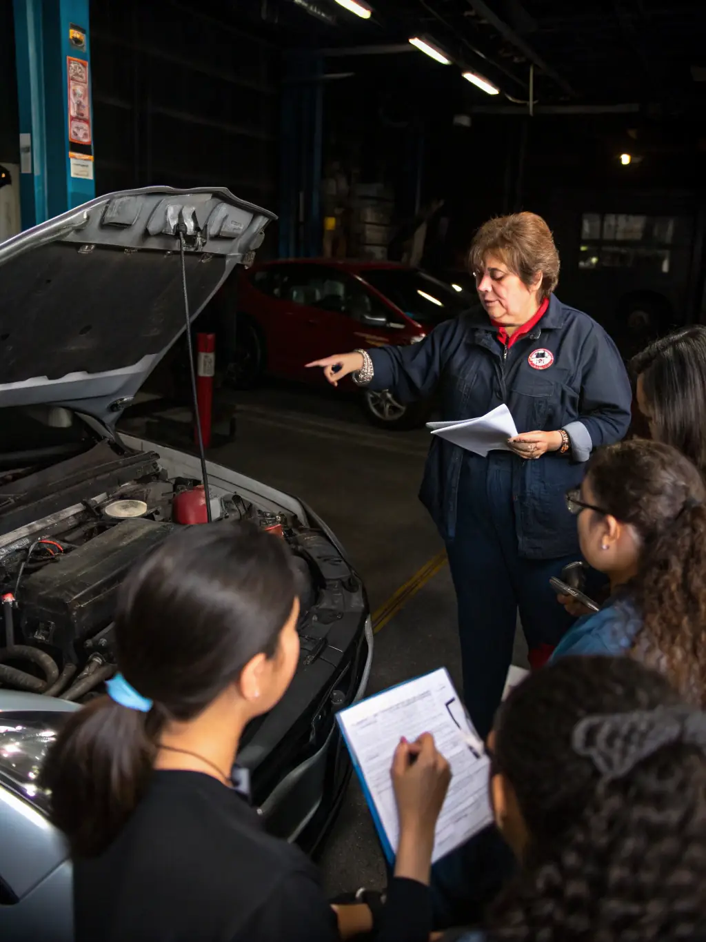 A group of young adults participating in a vehicle maintenance workshop, learning about engine mechanics and car repair, with tools and equipment visible in the background. The setting is a well-lit garage with a focus on hands-on learning.