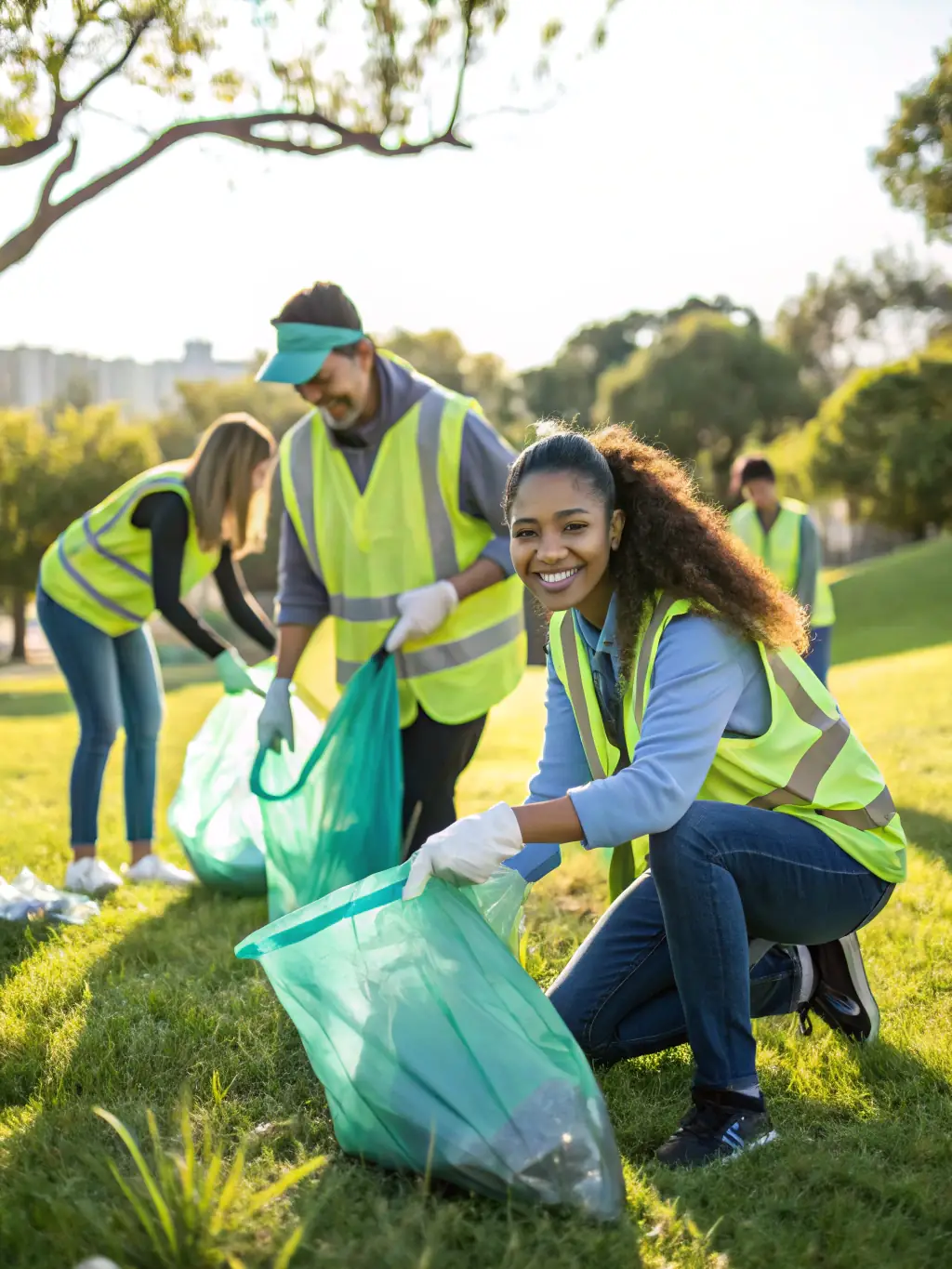 A group of young participants volunteering at a local community event, such as a charity run or environmental cleanup, wearing 4L EXPRESS branded t-shirts. The scene is positive and community-focused.