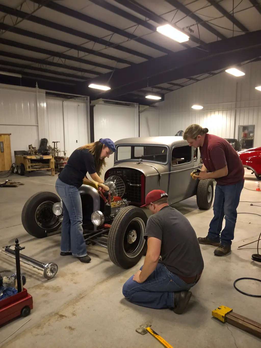 A group of young adults participating in a 4L EXPRESS training session, learning about vehicle maintenance and repair, with tools and car parts visible in the background.