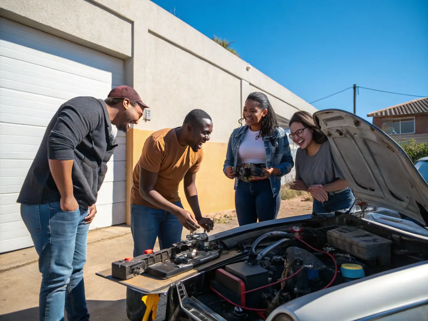 A group of 4L EXPRESS members collaborating on vehicle maintenance, showcasing teamwork and skill development in a hands-on setting.